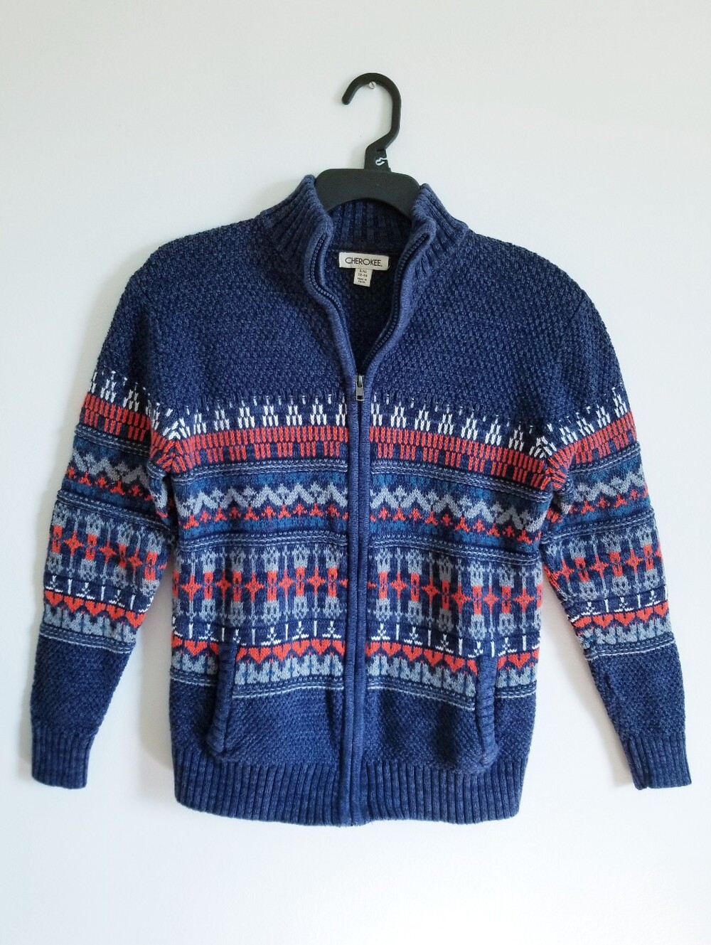 Cherokee Boy's Navy Zip Front Fair Isle Sweater